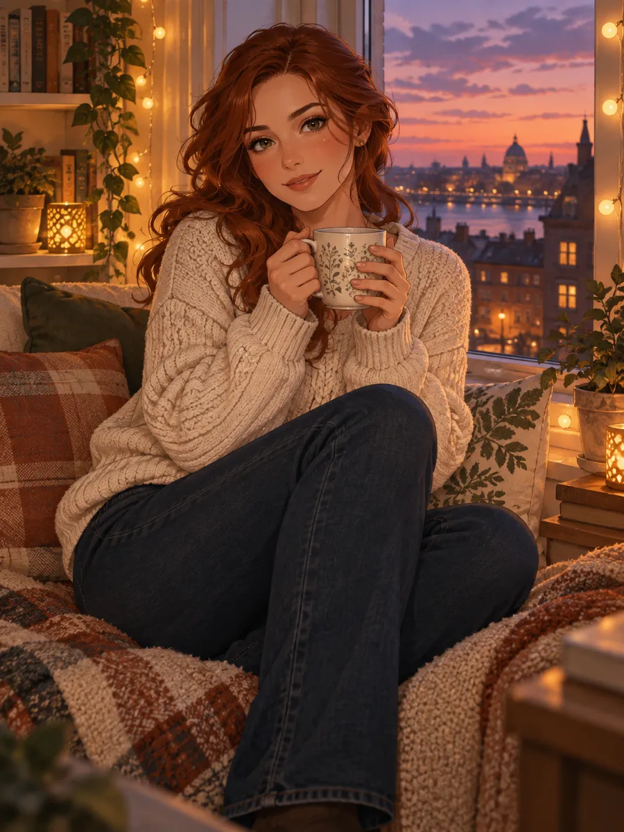 CrushOn AI, AI girlfriend: AI-generated illustration, Semi-realistic illustration of an adult woman with wavy auburn hair