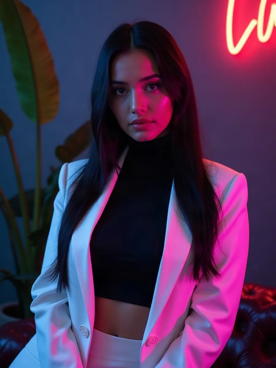 DreamGF: AI-generated illustration, woman with long black hair in a white blazer, in a minimalist loft with plants