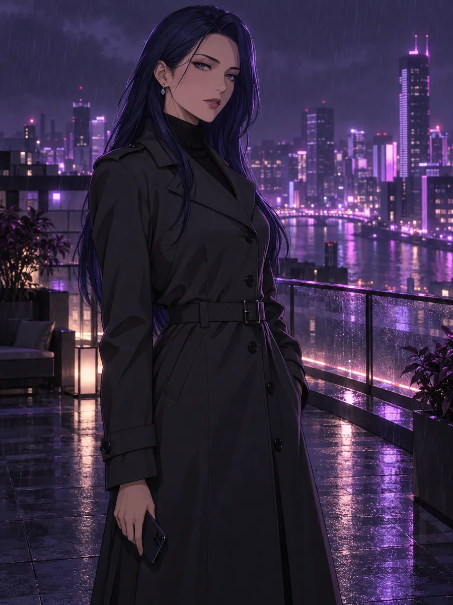 eHentai AI, AI girlfriend: AI-generated illustration, Anime illustration of an adult woman with long midnight-blue hair wearing a charcoal trench coat on a rooftop terrace in the rain