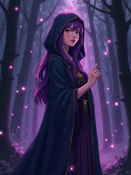 FantasyGF: AI-generated illustration, anime-style sorceress with long purple hair in a dark hooded robe, in a forest with glowing orbs