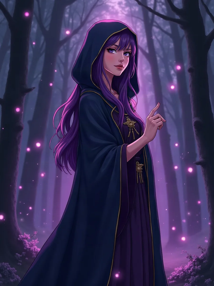 FantasyGF: AI-generated illustration, anime-style sorceress with long purple hair in a dark hooded robe, in a forest with glowing orbs