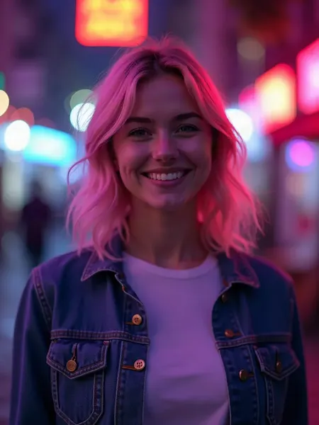 Kupid AI: AI-generated illustration, smiling woman with short pinkish hair in a denim jacket, against blurred lights