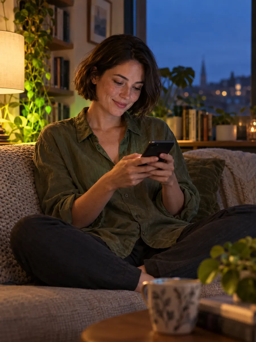 Nastia AI: AI-generated illustration, Woman with short brown hair and freckles, wearing an olive-green shirt, smiling at a message on her phone while sitting on a sofa near a window at blue hour