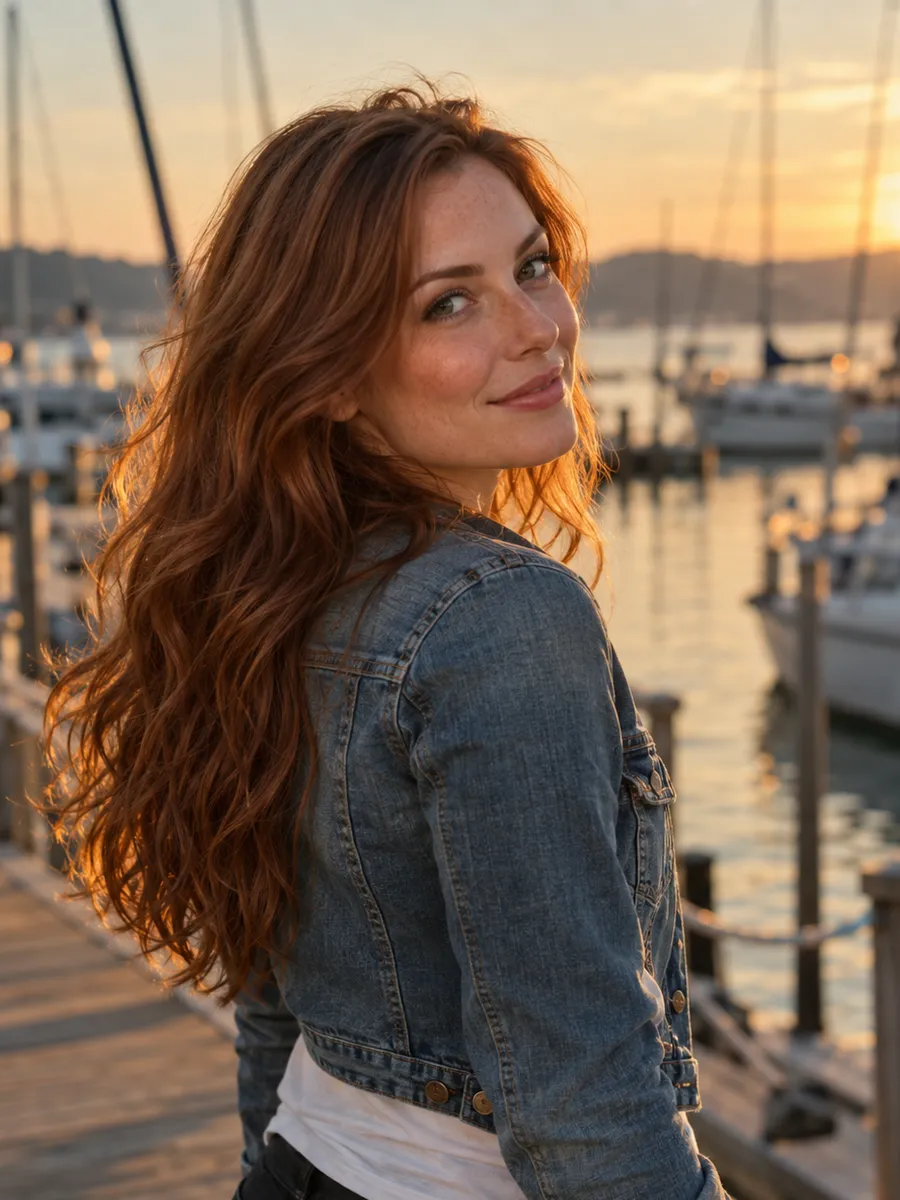Promptchan: AI-generated illustration, woman with long, wavy auburn hair wearing a denim jacket, smiling over her shoulder on a harbour dock at sunset