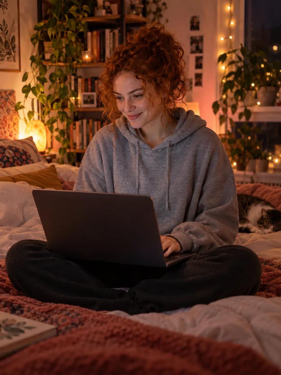 SpicyChat: AI-generated illustration, Woman with curly red hair wearing a grey sweatshirt, smiling as she types on a laptop, sitting on a bed under string lights in the evening