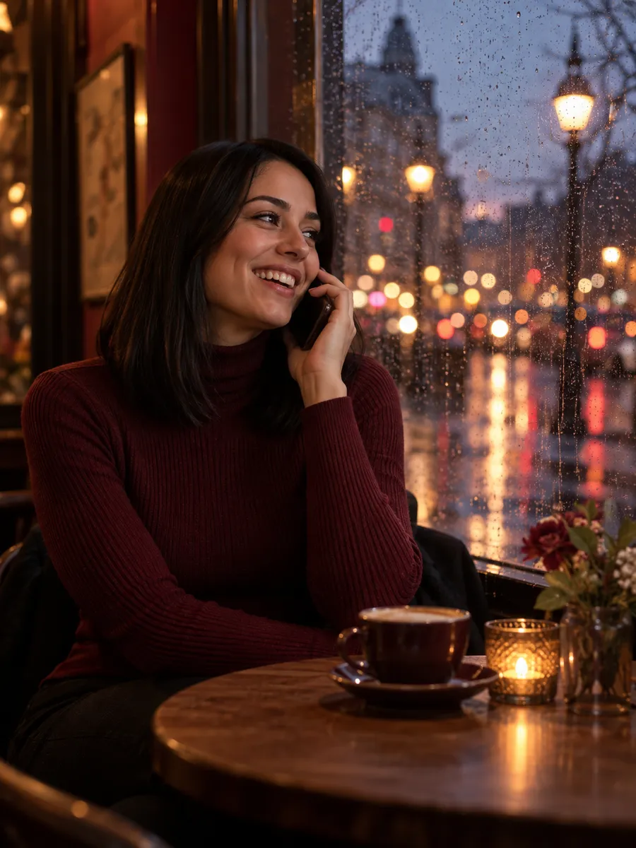Swipey AI: AI-generated illustration, Woman with straight black hair wearing a burgundy sweater, laughing on the phone at a café table beside a rain-covered window in the evening