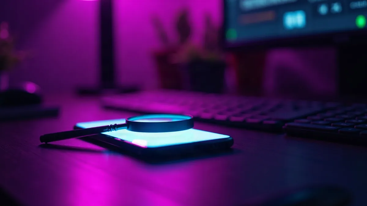 Magnifying glass on a glowing smartphone, on a dark desk lit in purple (article illustration)