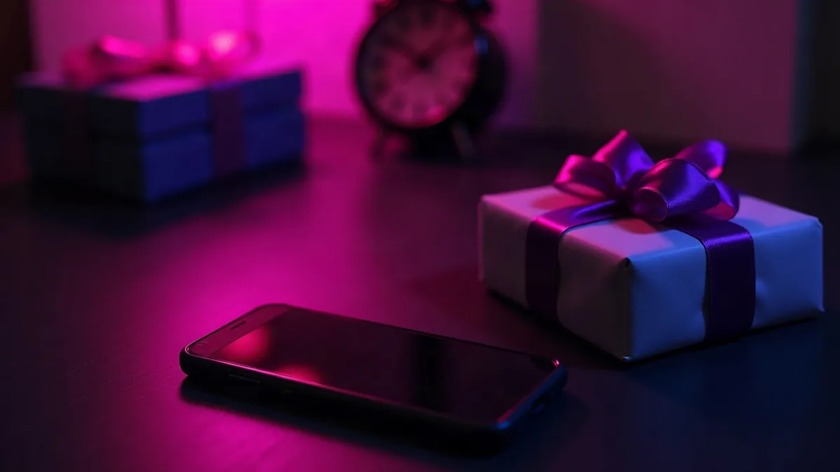Smartphone next to a small gift with a purple ribbon, on a dark desk (article illustration)