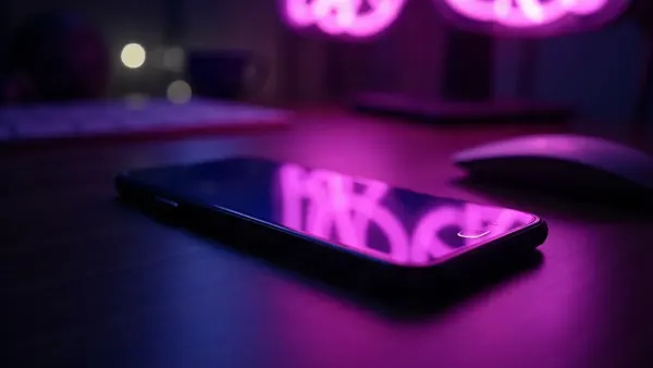 Smartphone on a dark desk, glowing purple reflections on the screen (article illustration)