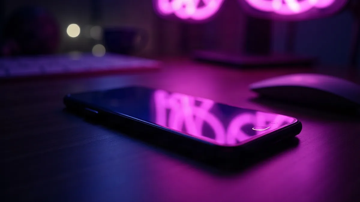 Smartphone on a dark desk, glowing purple reflections on the screen (article illustration)