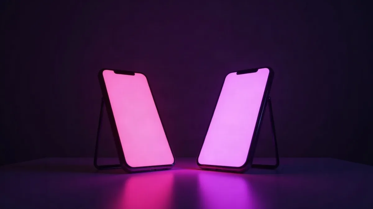 Two smartphones facing each other on a dark table, one pink, the other purple (article illustration)