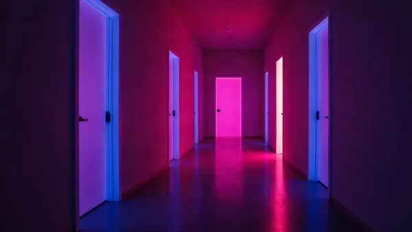 Dark hallway with glowing doors, one ajar onto a magenta light (article illustration)