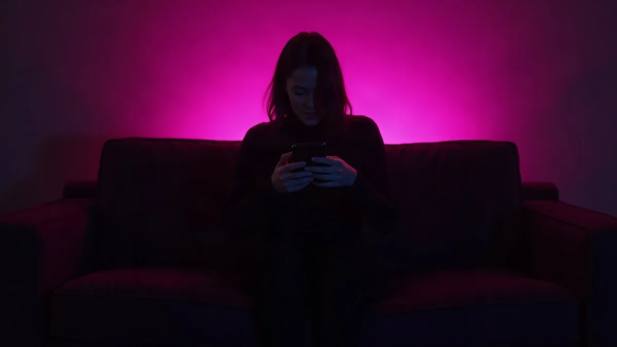 Silhouette seen from behind on a couch holding a phone, in a dark room with a magenta glow (article illustration)