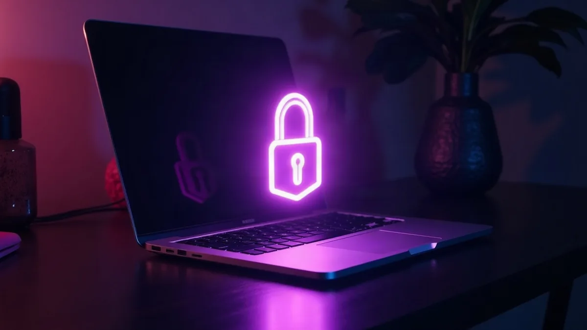 Laptop with a glowing purple padlock above the keyboard (article illustration)