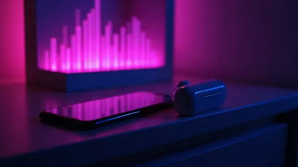 Wireless earbuds and a phone on a nightstand, light shaped like a sound wave (article illustration)