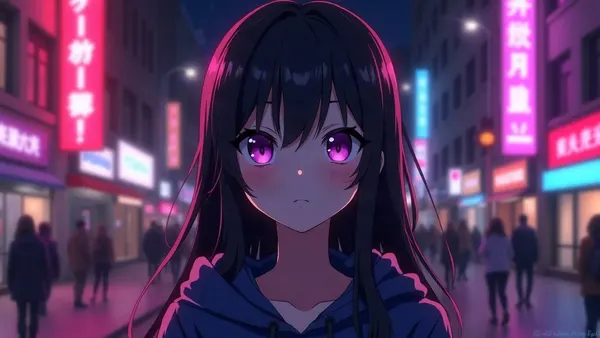 Anime female character with black hair in a hoodie, on a neon street at night (article illustration)