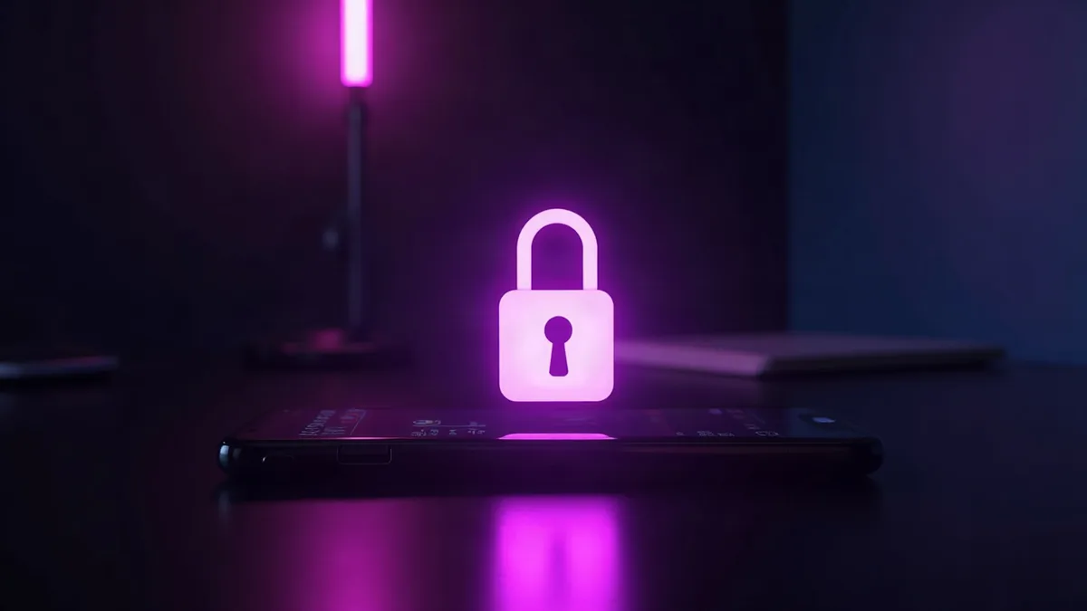 Smartphone topped with a glowing purple padlock, on a dark desk (article illustration)