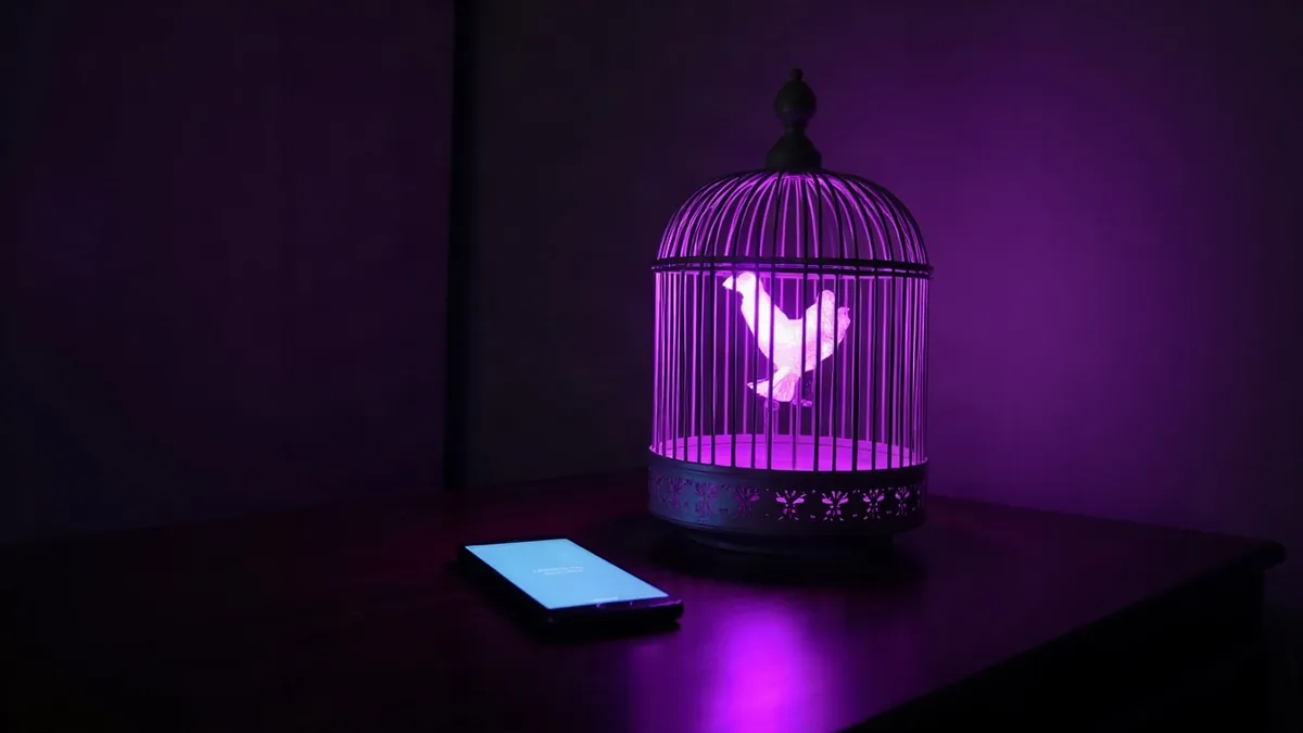 Open birdcage with purple light streaming out, next to a smartphone (article illustration)