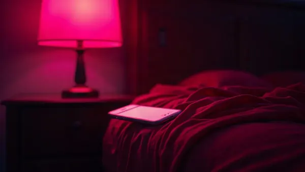 Red silk and a glowing smartphone on a nightstand, magenta light (article illustration)