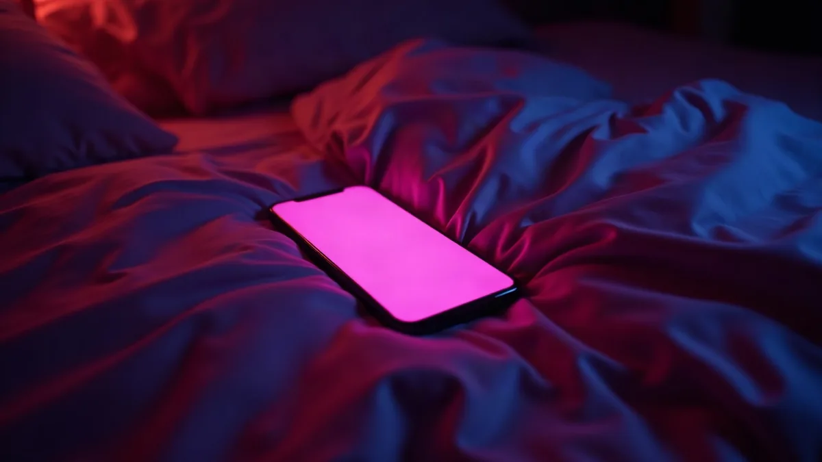 Phone lying on silk sheets in a dark bedroom, magenta glow (article illustration)