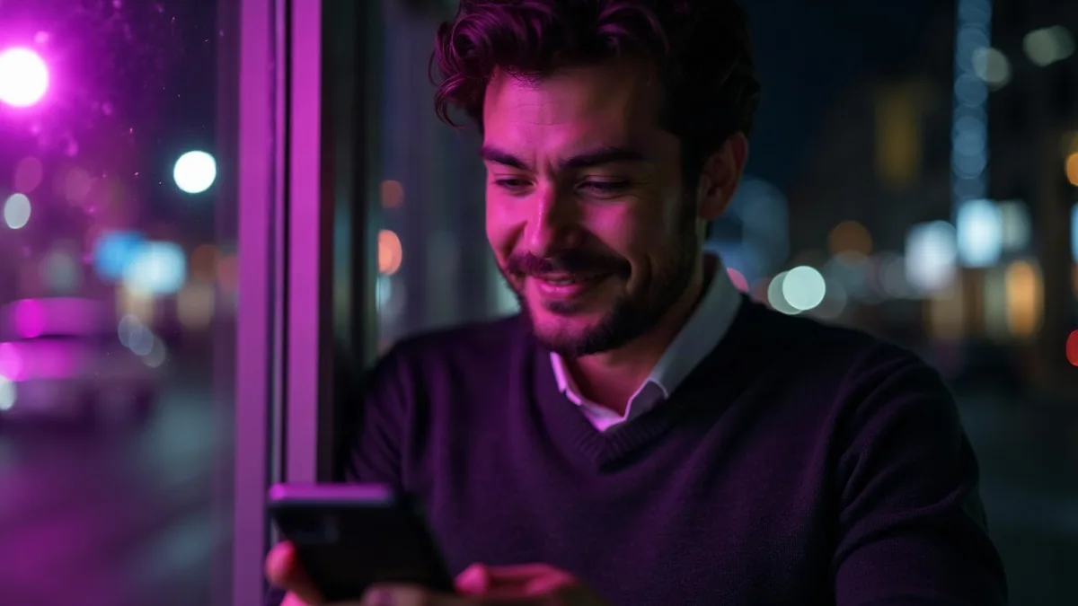 Dark-haired man in a charcoal sweater smiling at his phone in front of a night window (article illustration)