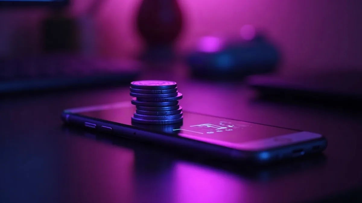Stack of glowing purple tokens next to a smartphone on a dark desk (article illustration)