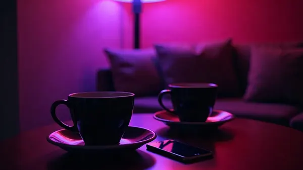 Two coffee cups and two phones on a table, warm purple light (article illustration)
