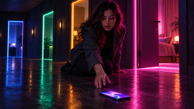 Best Character.AI alternatives: woman picking up a smartphone in a hallway of glowing doors in different colors