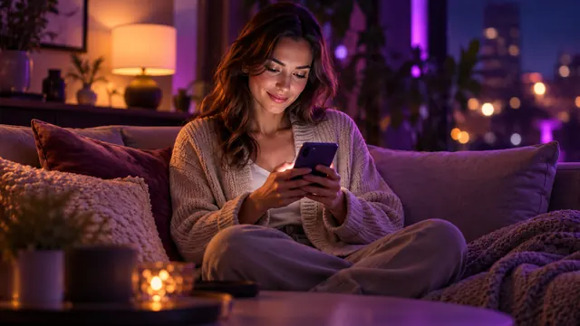 Best Replika alternatives: woman in a beige cardigan smiling at her phone on a couch in the evening