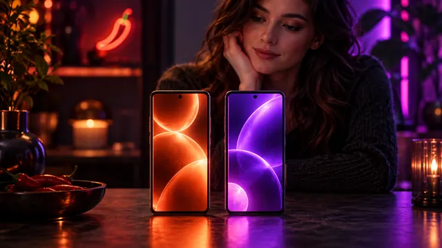 Best SpicyChat alternatives: woman leaning on her elbows behind two smartphones, one orange and one purple