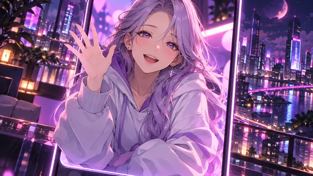Best anime AI girlfriend: anime illustration of an adult woman with lavender hair in a hoodie, waving from a screen in a neon-lit city