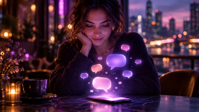 Best multilingual AI girlfriend: smiling woman at a café table, glowing chat bubbles rising from her smartphone