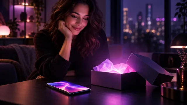 Best free AI girlfriend: smiling woman next to a smartphone and an open gift box glowing with purple light
