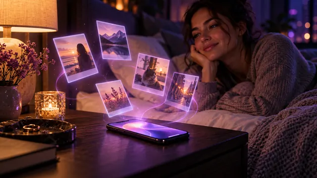 Best AI girlfriend with memory: smiling woman by a nightstand, glowing keepsake photos floating above her smartphone