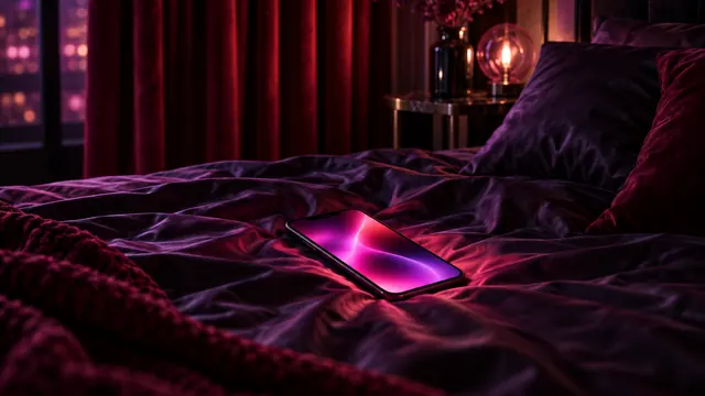 Best NSFW AI girlfriend: smartphone lying on dark silk sheets, magenta glow, red velvet curtain