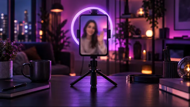 Best AI girlfriend with video: smartphone on a tripod showing a woman on a video call, with a purple ring light
