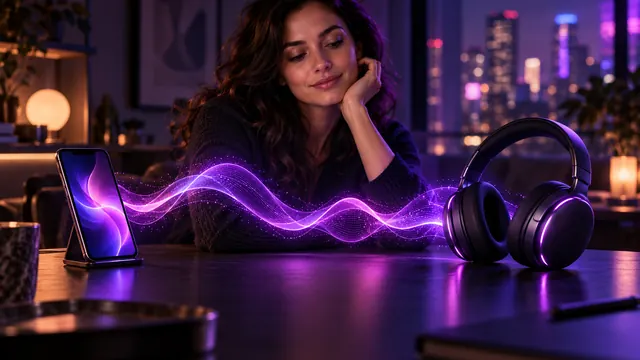 Best AI girlfriend with voice: smiling woman, a glowing sound wave connecting a smartphone to a pair of headphones